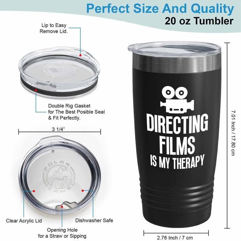 Filmmaker Black Tumbler 20oz - Directing films is therapy - Filmmaker Gifts Camera Lens Cut Prop Director Movie Film Scriptwriter