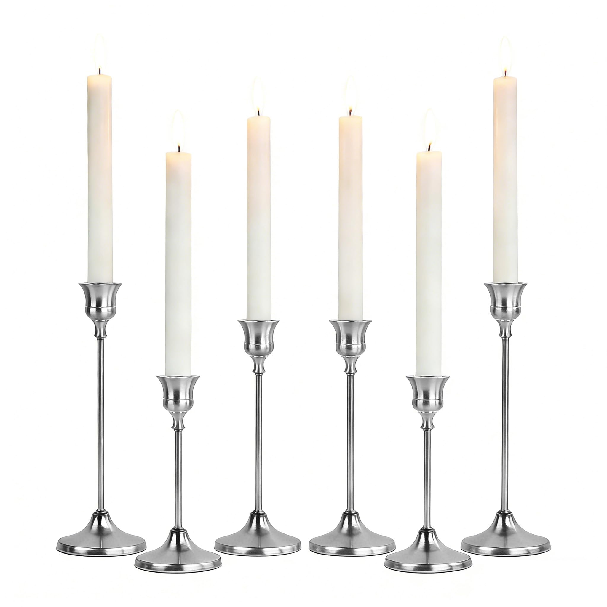 AUMAYCO Set of 6 Silver Candle Holders, Metal Taper Candle Sticks Holder, Vintage Modern Silver Candlesticks Holders for Table Centerpieces Wedding, Dining Table, Home Decor