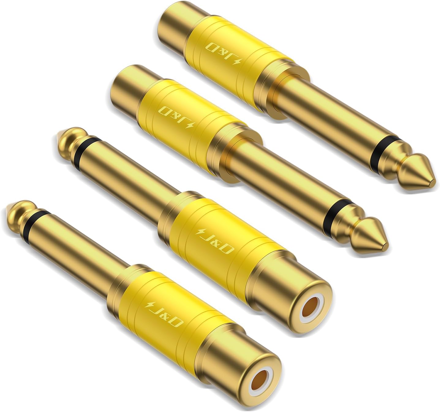 J&D RCA to 1/4 Audio Adapter 4-Pack, 6.35mm Mono Plug Male to RCA Female Connector, Gold-Plated Guitar Connectors, Yellow