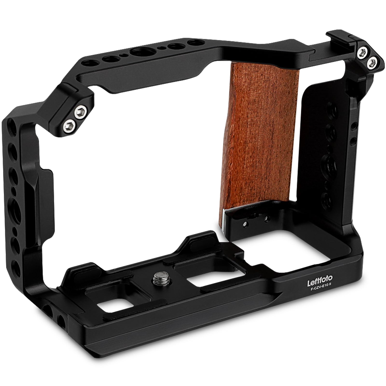 Leftfoto ZV-E10 II Cage métallique améliorée pour appareil photo Sony Alpha ZV-E10 II avec poignée ergonomique en bois intégrée, plaque à dégagement rapide pour Arca pour prise de vue vidéo Vlog