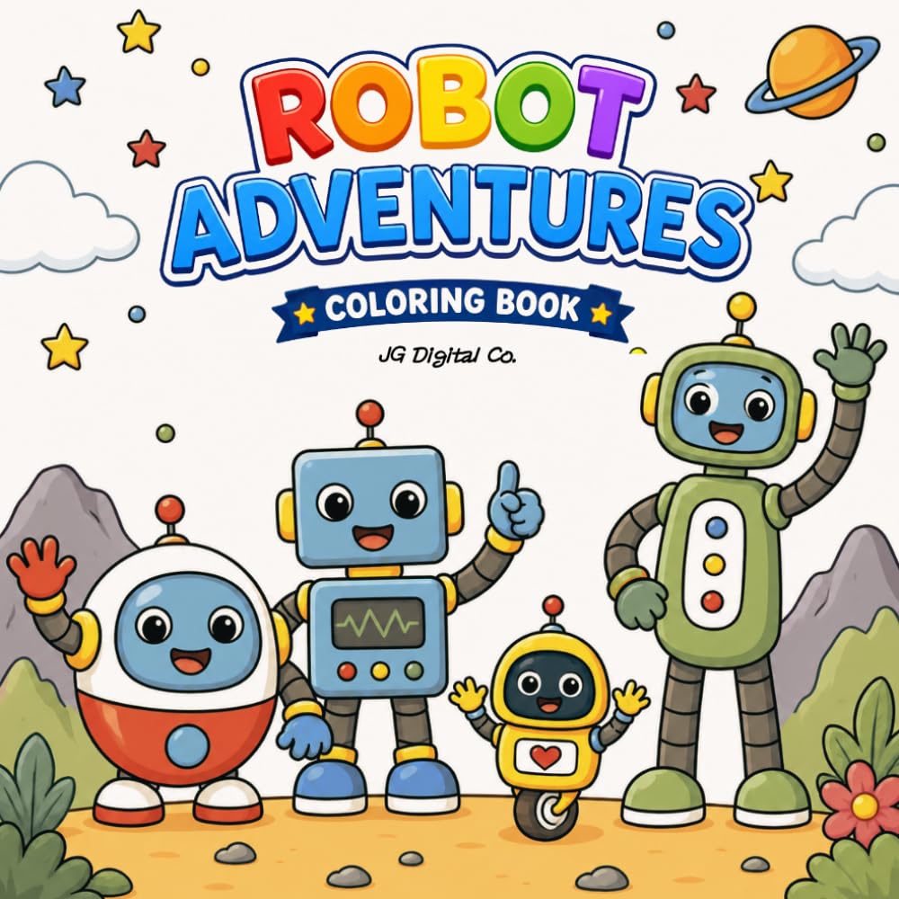 Robot Adventures: Fun and Easy Coloring Pages for Kids Ages 4–8 | Cute Robots, Space, Ocean, Jungle and More