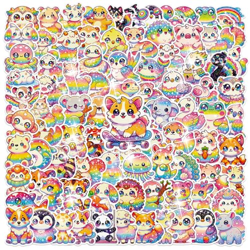 100 Pcs Glitter Cute Rainbow Animal Stickers Vinyl Stickers Kawaii Holographic Stickers Cartoon Waterproof Starry Sky Animal Stickers for Children Teens and Adults (Dot Glitter)