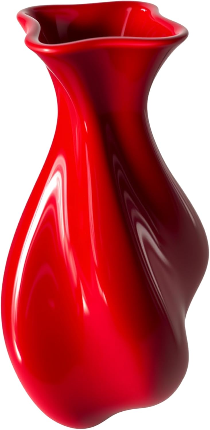 Red Ceramic Vase for Modern Home Decor - Unique Wavy Shape Decorative Vase for Living Room, Bedroom - Ideal Gift for Women, Valentine's Day, Housewarming (ChifonCyan 7.87 Inches)