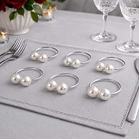 Anéis para Guardanapos com Pérola Dupla Dourado 4cm x 3cm Argola Prendedor Mesa Posta Kit com 6 Peças (Prata)