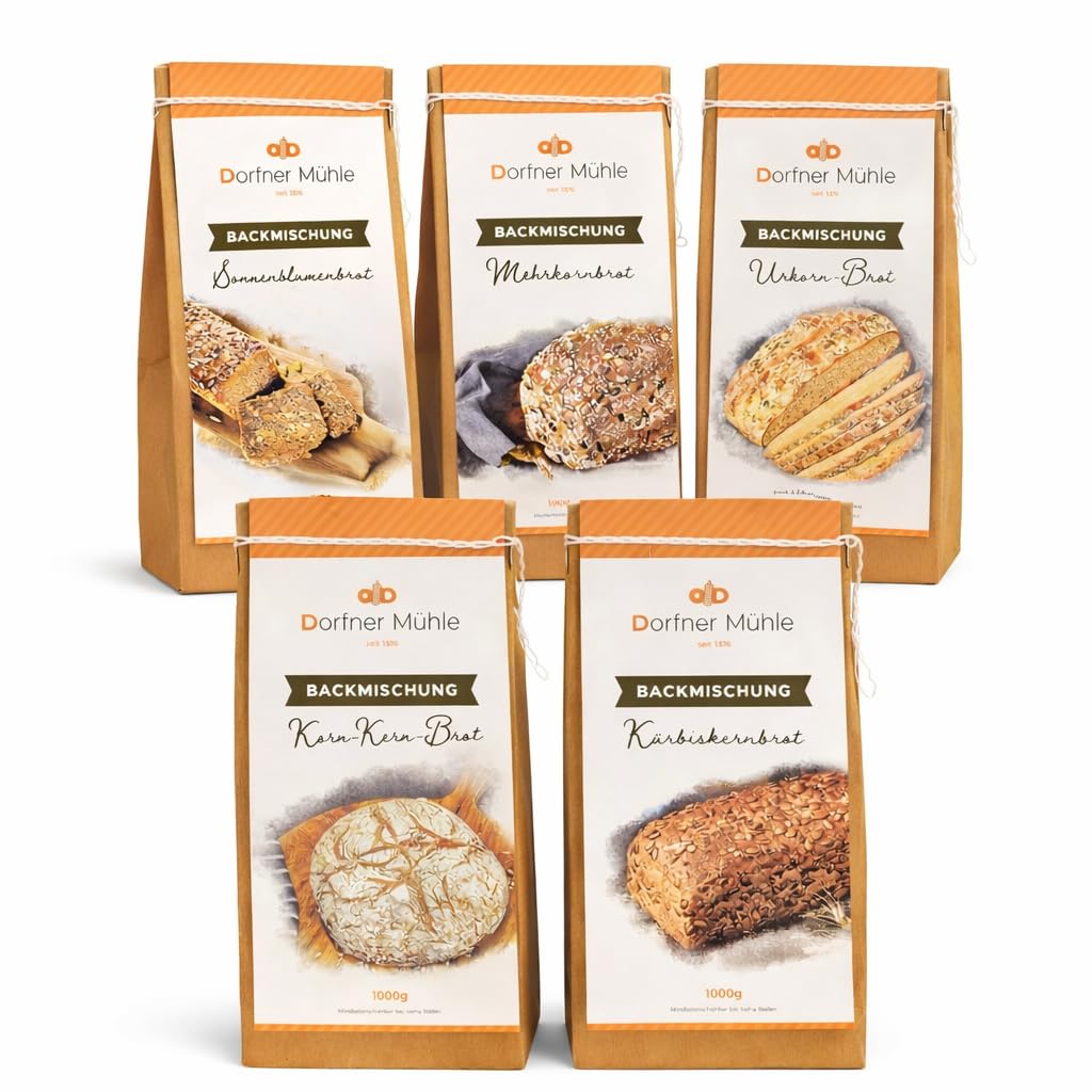 Rustikale Brotbackmischungen für Körnerbrote Dorfner Mühle - 10 Brote [5x1kg] Probierset - Handgemacht in Bayern seit Generationen