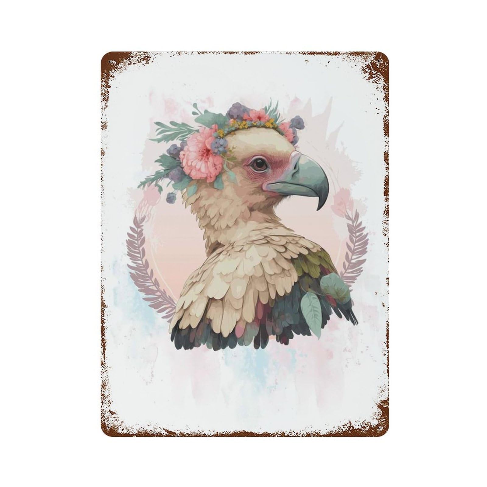 Rust Effect Floral Watercolor Vulture Rustic Tin Plaque 15.7"x11.8", Classic Wall Plaque for Shed, Workshop And Garage Wall Decor