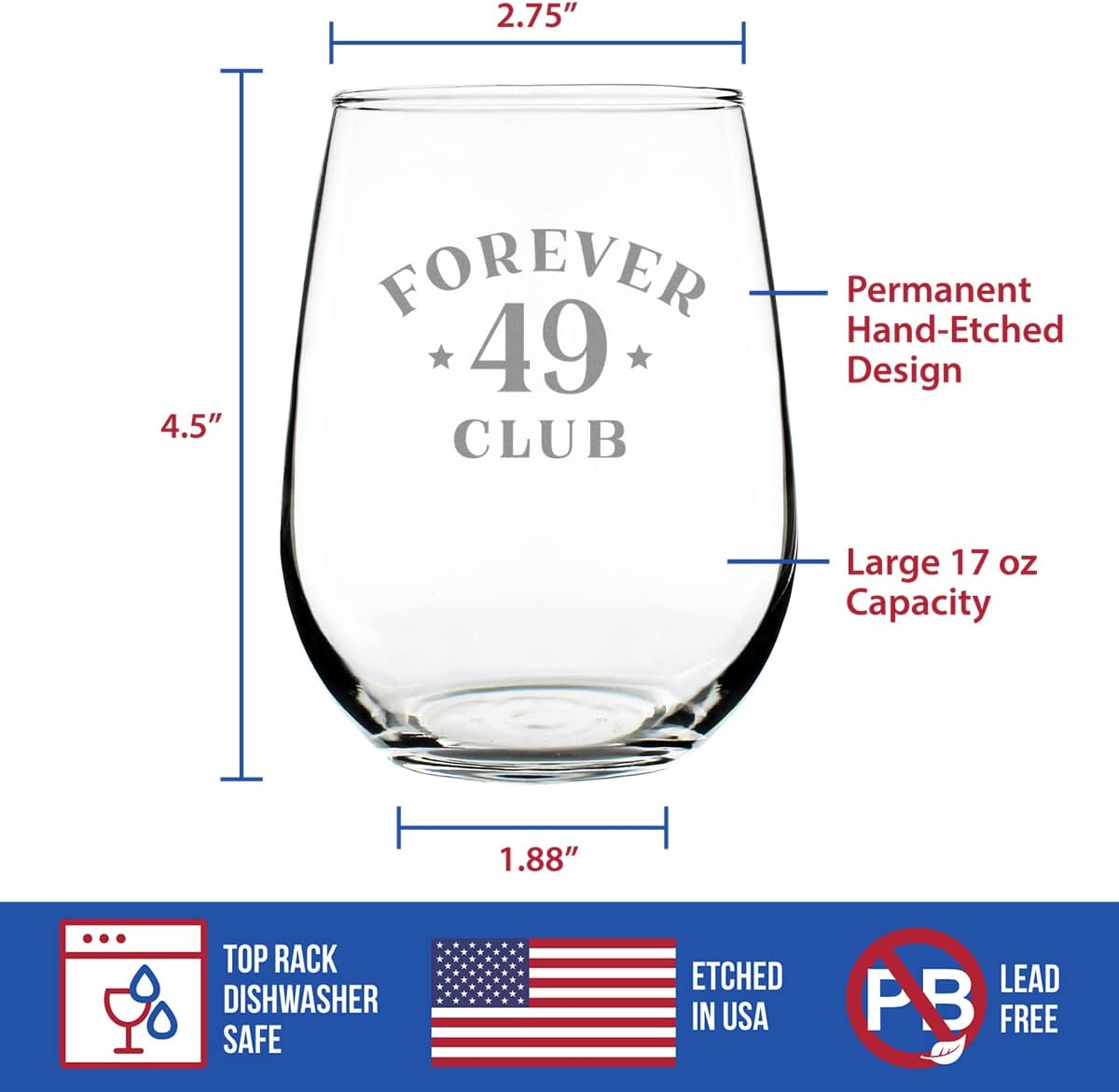 Bevvee Forever 49 Club - Stemless Wine Glass 50th Birthday Gifts for Women & Men Turning 50 - Bday Party Decor - Large 17 Oz Glasses - Image 5