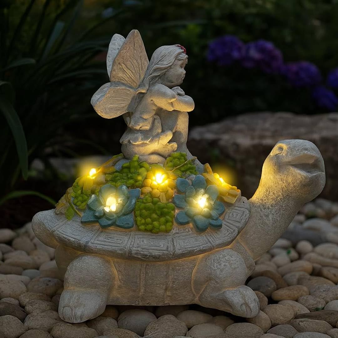 Solar Turtle Fairy Garden Ornament – Pack of 1 - 20cm x 14cm x 18cm Outdoor Tortoise Statue with Succulent Plant, LED Lights and Fairy on its Back, Decorative Figurine for Balcony, Lawn, Yard, Patio