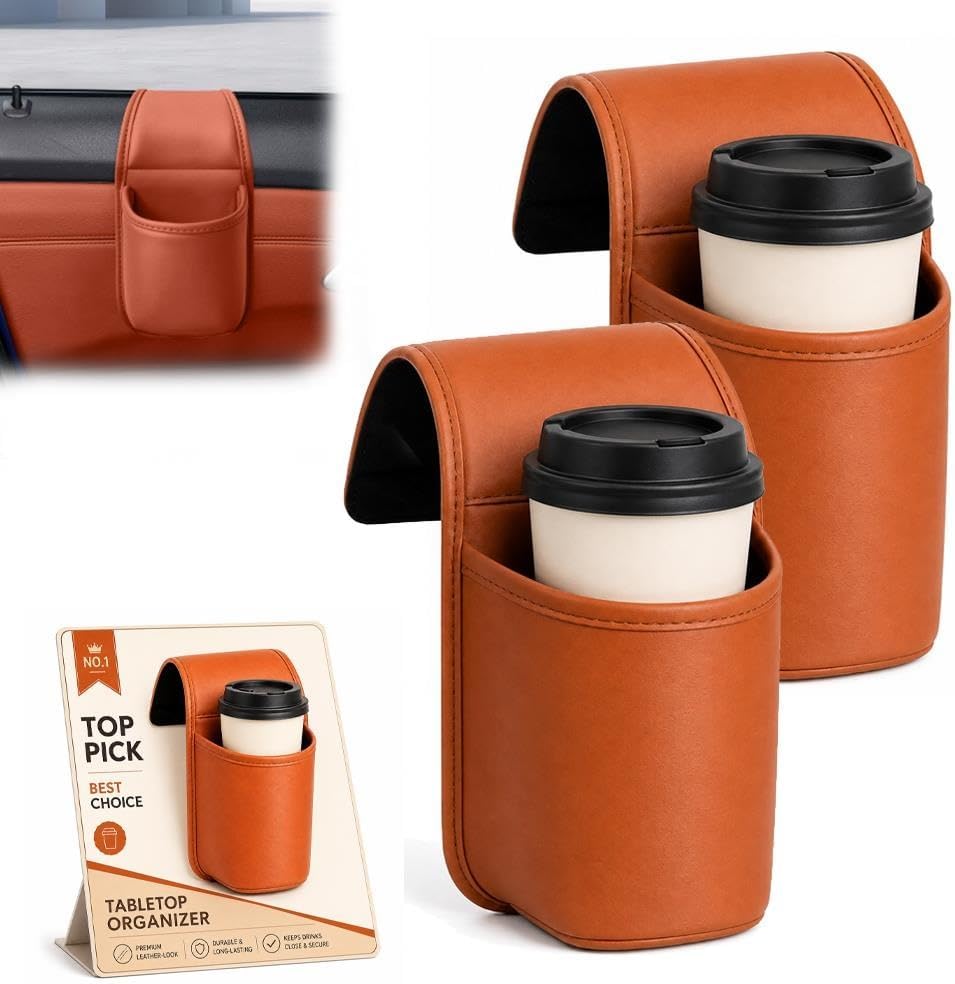 Universal Leather Car Cup Holder Door for Window, Wide-Mouth Organizer for Drinks, Phone & Small Items(Orange,Style-A-2PC)