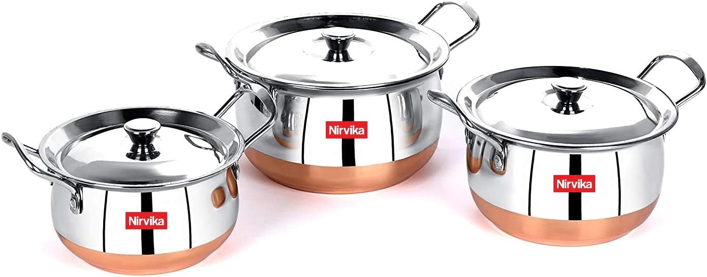 Stainless Steel Copper Bottom Handi Set 3 Pcs with lid Kitchen Serving,Utensils Cooking Bowl Cookware Set Dinner patila tope Size:- 750 ML,1000 ML,1500 ML