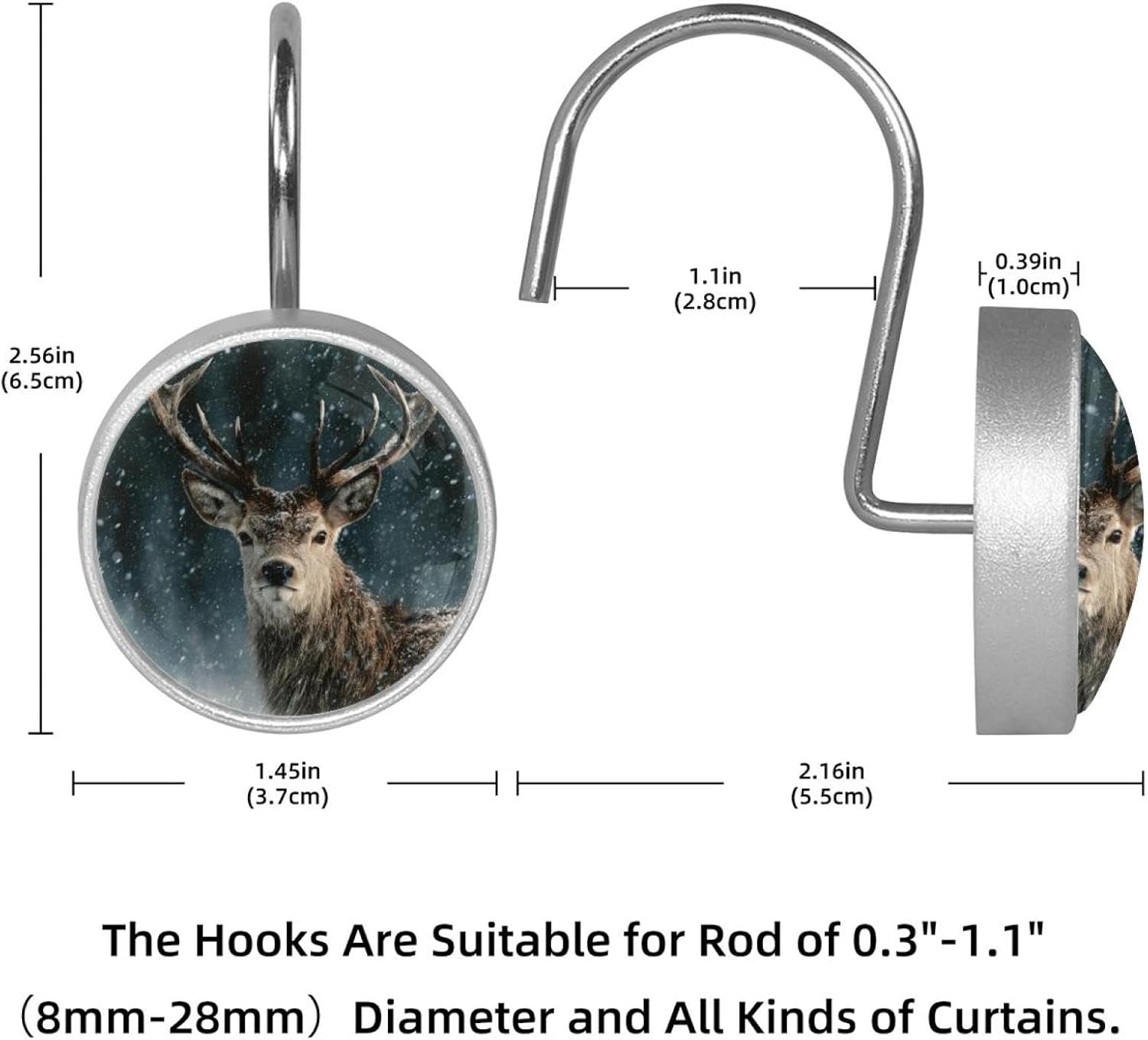 Set of 12 Christmas Deer Snowy (2) Shower Curtain Hooks, Stainless Steel Shower Hangers for Bathroom, Rustproof Decorative Shower Rings for Bedroom Living Room Shower Curtain Rod