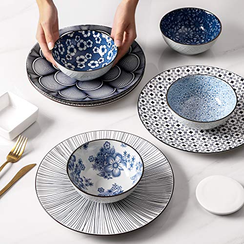 Y YHY Ceramic Bowls, Japanese Rice Bowl, Cereal Bowls for Kitchen, 16oz Blue Bowl Set of 4, Assorted Designs, Microwave and Dishwasher Safe