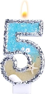 Beach Theme Number Candle, Beach Birthday Cake Topper Conch Starfish Sequins Number Candles for Birthday Party Cake Decoration Supplies (5)