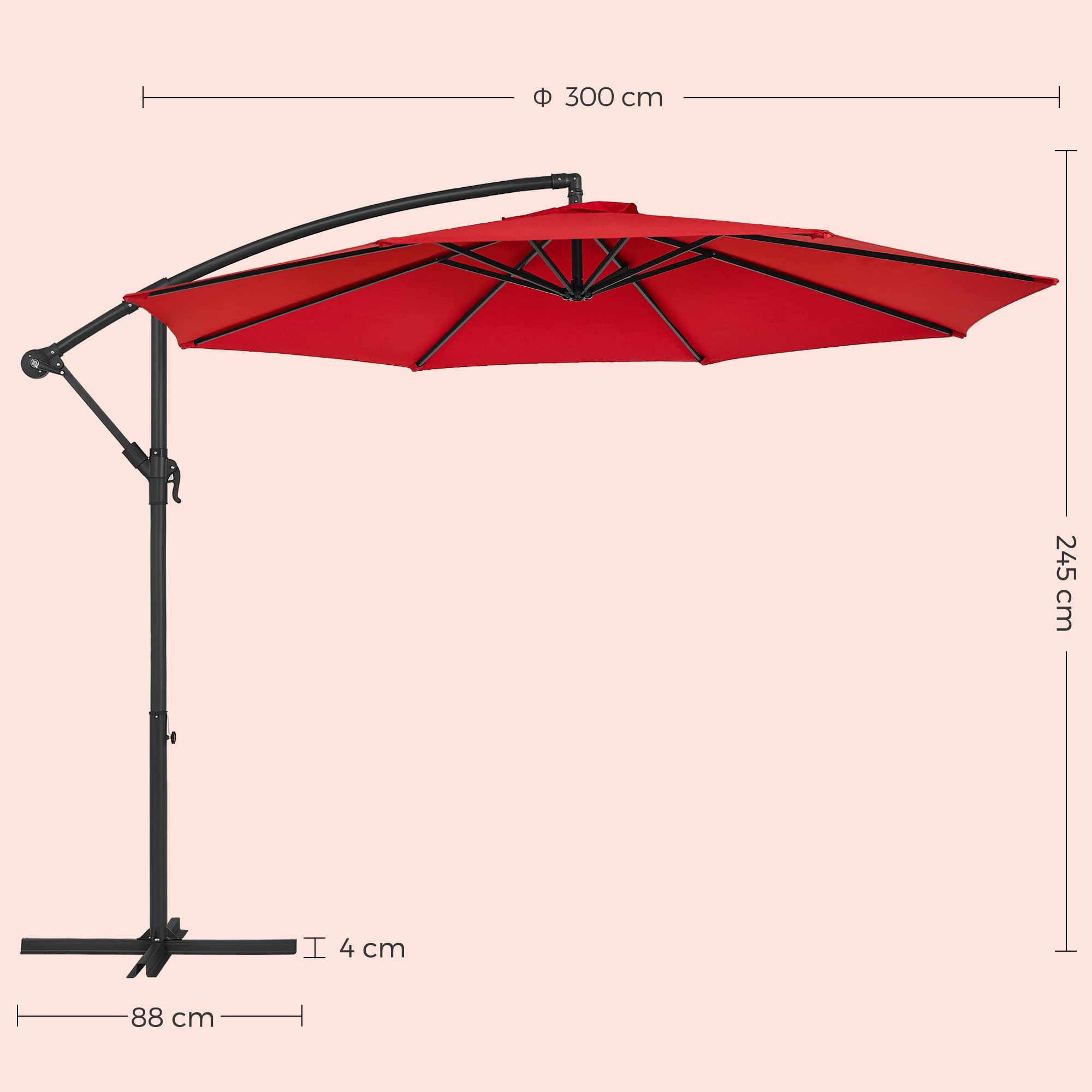 Songmics Sonnenschirm, Ampelschirm 300 Cm, Mit Ständer, Sonnenschutz Balkon, Balkonschirm, Uv-Schutz Upf 50 und mehr, Mit Kurbel Zum Öffnen Und Schließen, Für Terrasse, Garten, Rot Gpu016R01