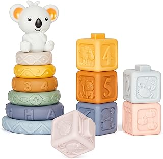 Lanvixo Stacking Toys, 13 Pcs Stacking Blocks & Stacking Rings Early Development Sensory Toys Building Blocks for Babies 6 Months