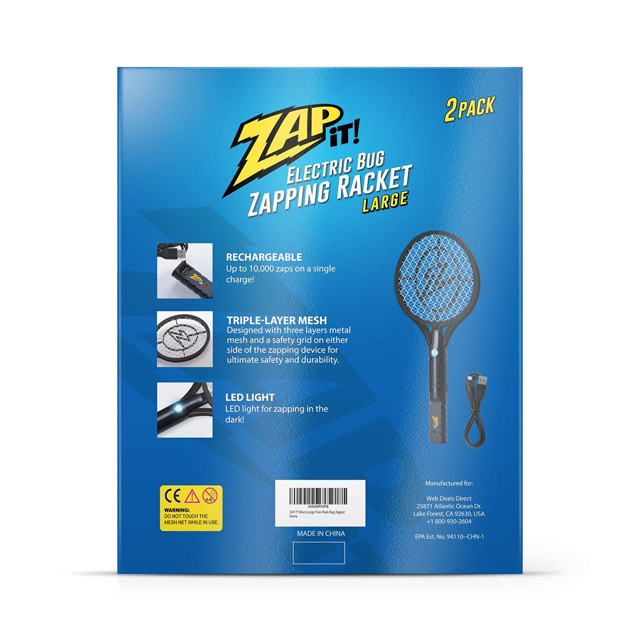 ZAP IT! Bug Zapper - Racchetta per insetti ricaricabile, 4.000 Volt, cavo di ricarica USB, confezione da 2