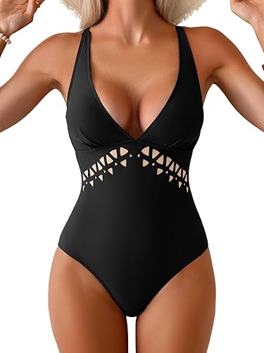 Aidonger Women's One Piece Swimsuit Tummy Control V Neck Bathing Suit Cutout Swi