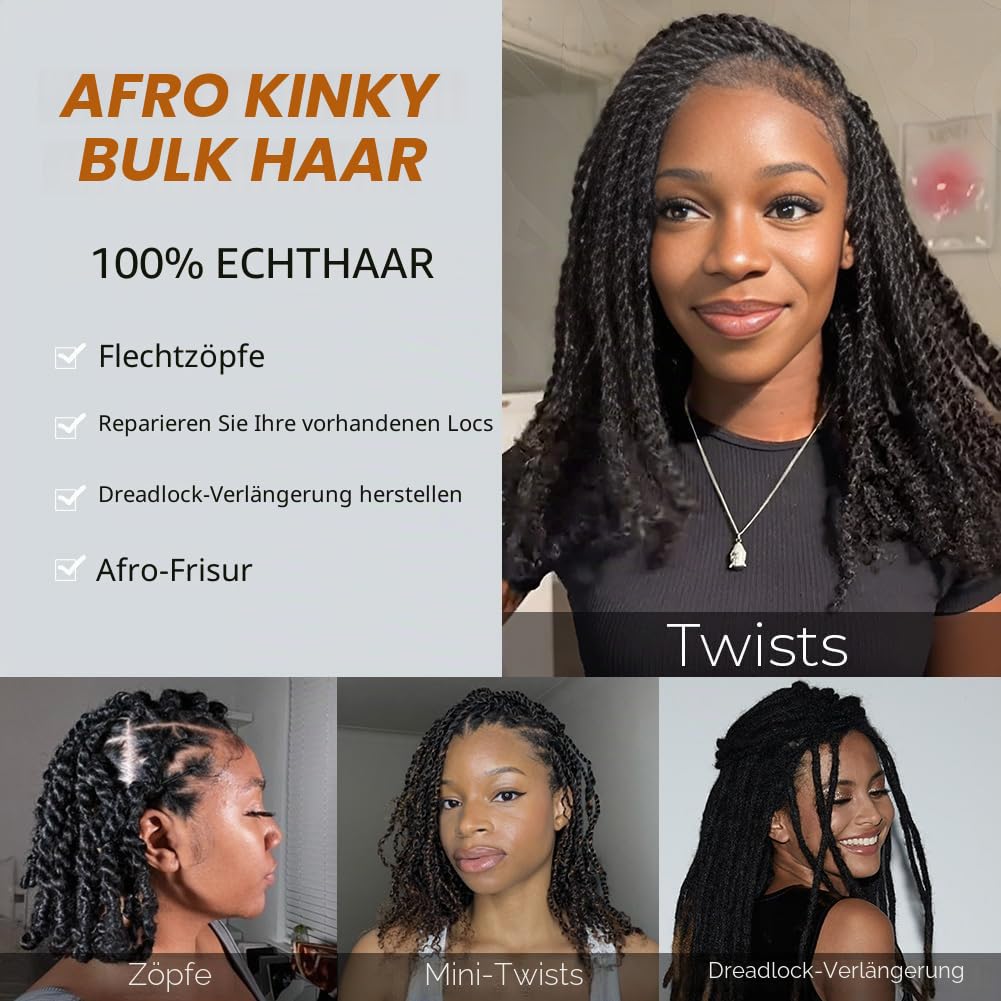 FASHION IDOL Afro Kinkys Bulk Echthaar für Dreadlock Extensions 40CM 3 Packungen 150 Gramm natürliche schwarze Loc Reparatur Afro Kinky Flechten Echthaar für Locs 5.3 Oz