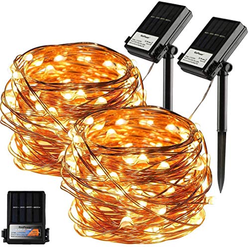 Preisvergleich Produktbild KooPower 100er LED Solar Batteriebetriebene Lichterkette, 10 Meter Kupferdraht Wasserdichte IP65 Lichterketten, Innen und Außen Lichterkette für Hochzeit Party Garten Weihnachten (2 Stk)