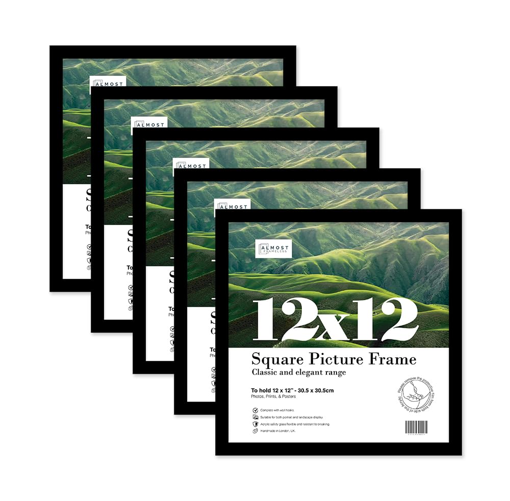 Almost Frameless 12x12 Black Picture Frame Set of 5, Display 12x12 Picture Gallery Wall, Poster, Photo, Artwork, or Print, Black, Square