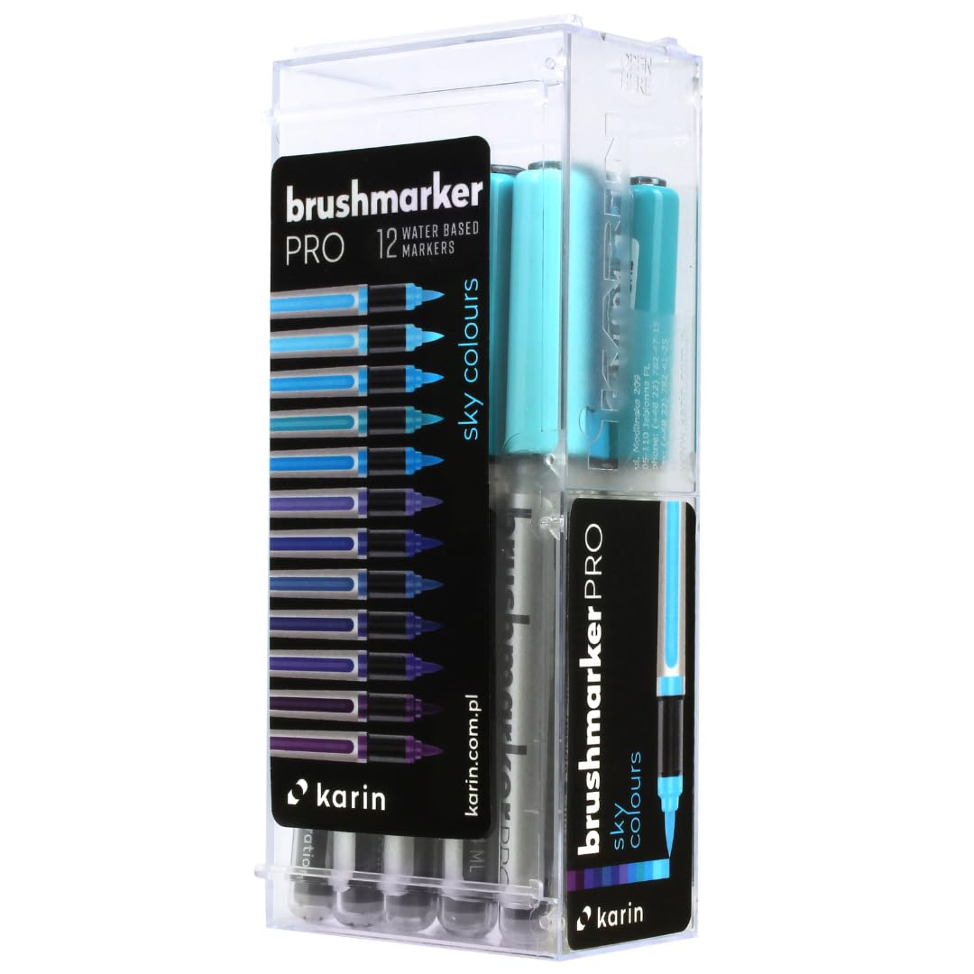 Karin Brushmarker Pro 12pc Sky Colors brush tip markers Set, Blendable, Water-Based, Brush Markers for Adults and Artists, 12 Mixable Colors, Adult