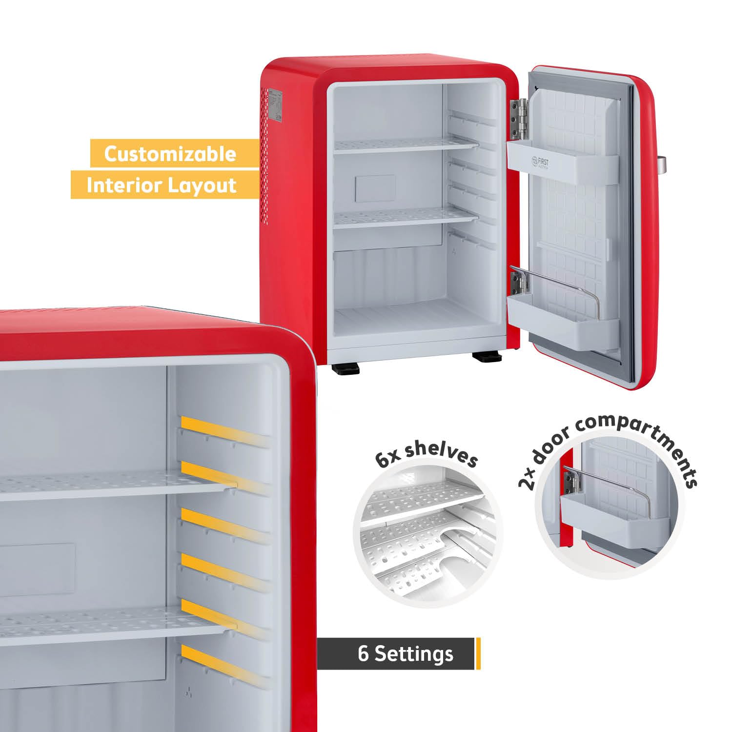 TZS First Austria - Retro Mini Fridge 40L Silent - Small mini fridge in vintage design with interior lighting & 2 door compartments - Minibar for camping, office, bedroom & hotel - red — view 4