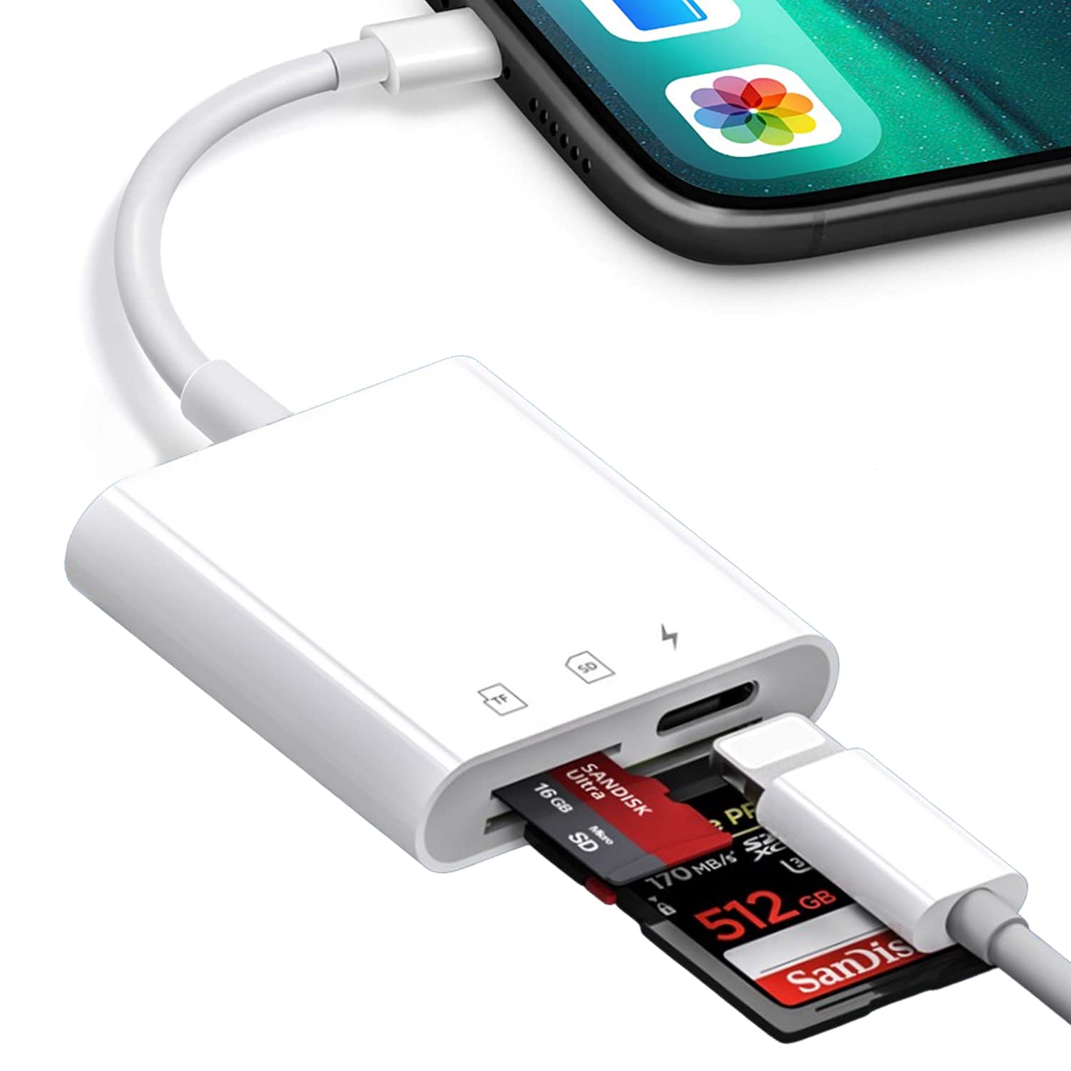 SD Card Reader for Phone/Pad,3 in 1 Lighning to SD/TF Card Camera Reader Adapter with Charging Port,USB OTG Adapter Compatible with Phone 13/12/11/X/XS/XR/8/7,Support iOS 9-15 Later