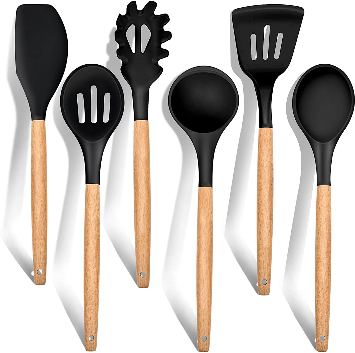 P Plus Fire Kitchen Utensils Set of 6 1 Year Warranty Silicone Cooking Utensils with Wooden Handle, Non-Stick Cookware Spatula/Ladle/Slotted Turner/Serving Spoon/Spaghetti Server(Black)