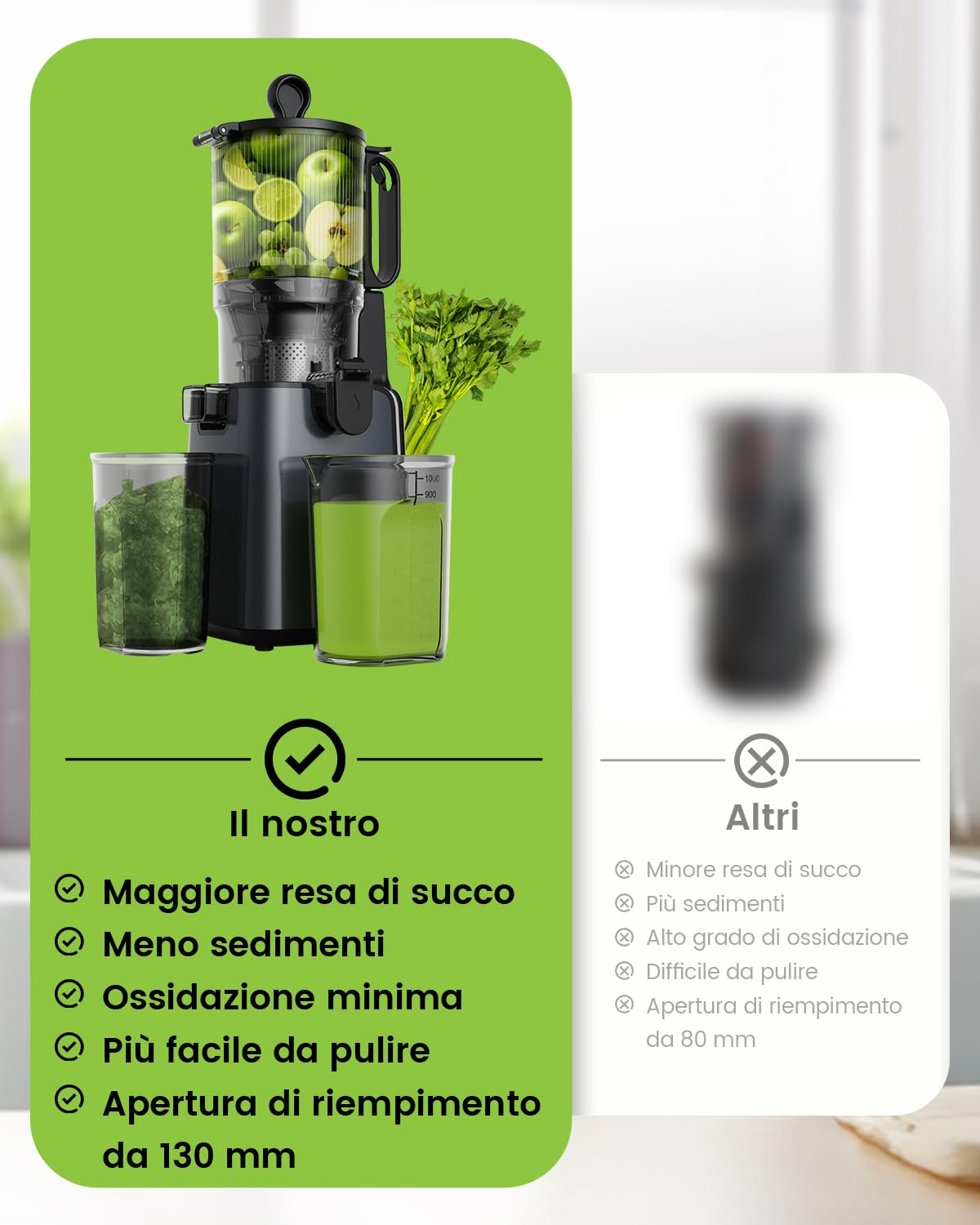 Slow Juicer, spremiagrumi da 130 mm e contenitore da 1,8 l, spremiagrumi a freddo per frutta e verdura intera, facile da installare e pulire, senza BPA