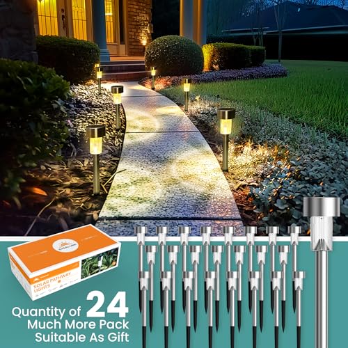 Image of GIGALUMI 24 Pack Solar Lights Outdoor Waterproof,Stainless Steel LED Solar Garden Lights, Solar Pathway Lights Outdoor, Outdoor Solar Lights for Yard, Patio, Lawn and Landscape(Warm White)