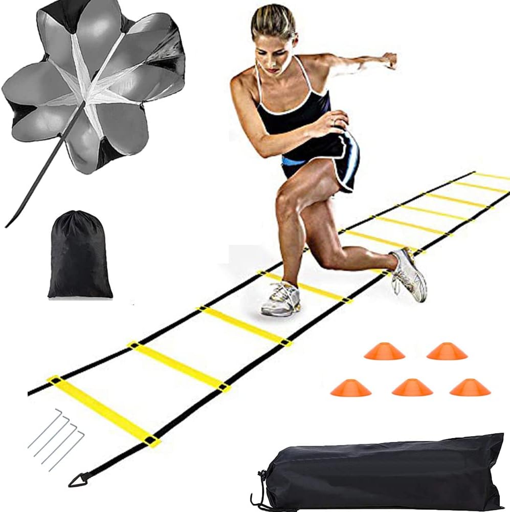 Speed Agility Training Kit—Includes Agility Ladder with Carrying Bag, 5 Disc Cones, Resistance Parachute.Use Equipment to Improve Footwork Any Sport.
