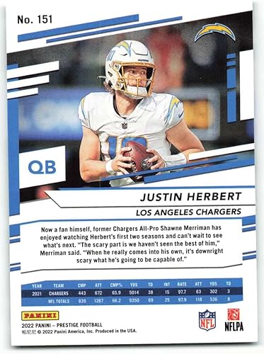 Miniatura 2 de 2022 Panini Prestige #151 Justin Herbert Los Angeles Chargers NFL Football Trading Card