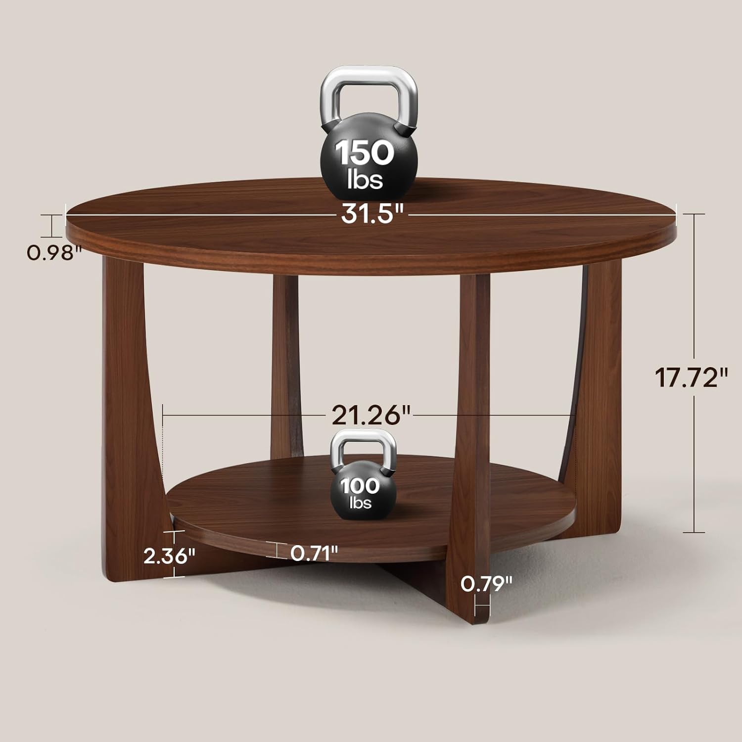 BECHAEO 31.5'' Round Coffee Table with Solid Wood Pine Legs, 2-Tier Retro Round Coffee Table with Storage Shelf, Small Modern Wood Circle Coffee Table Boho Round Center Table for Living Room
