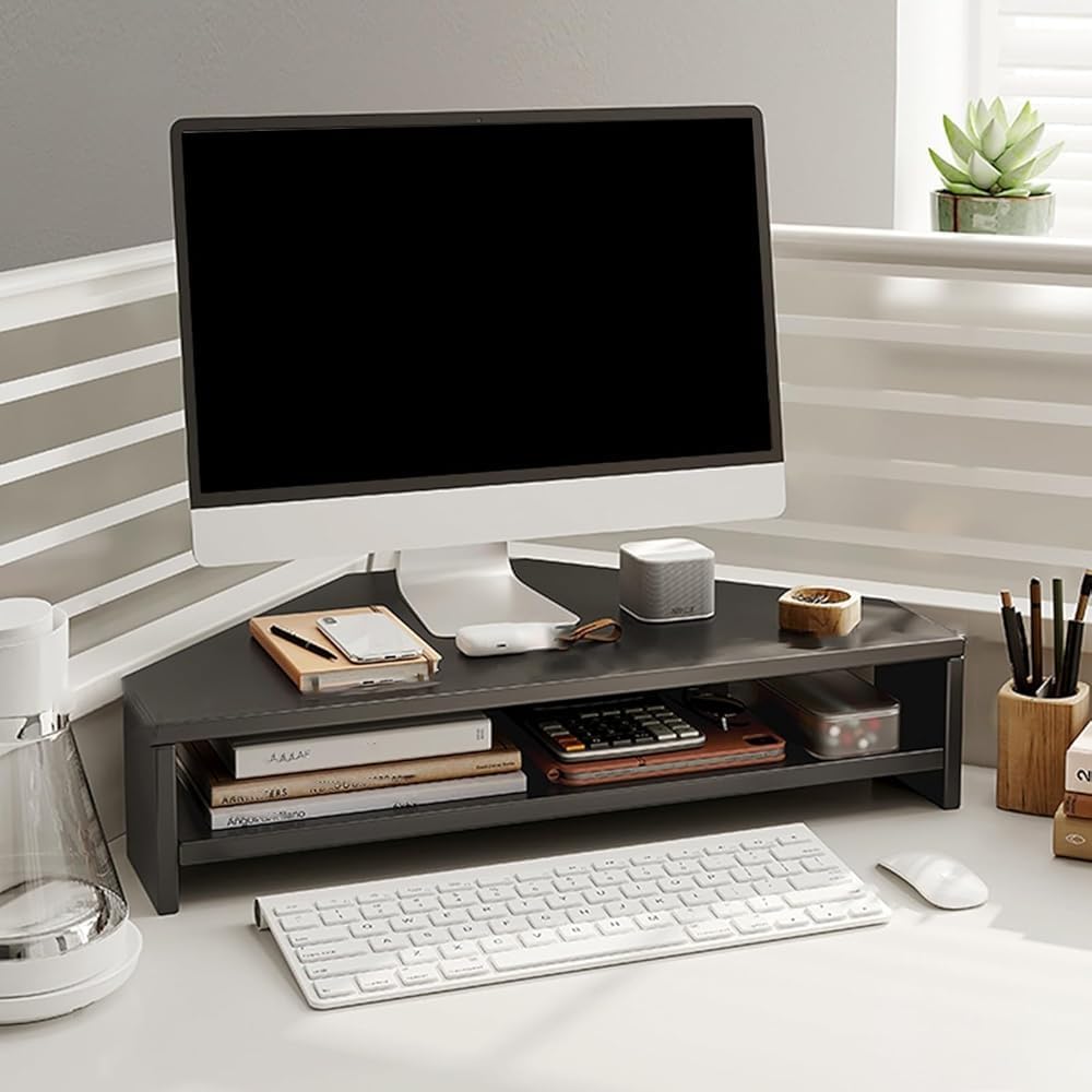 SXZenSpace Monitor Stand - 2 Tier Office Organizer Rack with Storage Wooden Corner Shelf Riser for Desk Lifting Tablet Holder and Computer