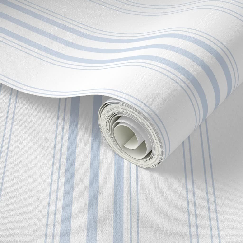 Peel & Stick Wallpaper 3ft x 2ft - Stripe Pale Blueberry Stripes Blue White Swedish Vintage Geometric Coastal French Boy Custom Removable Wallpaper by Spoonflower