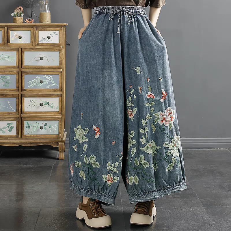 Womens Casual Loose Cropped Jeans Wide Leg Denim Pants Vintage Pants Harem Trousers Elastic Waist with Pockets (US, Alpha, Small, Large, Regular, Regular, Blue)