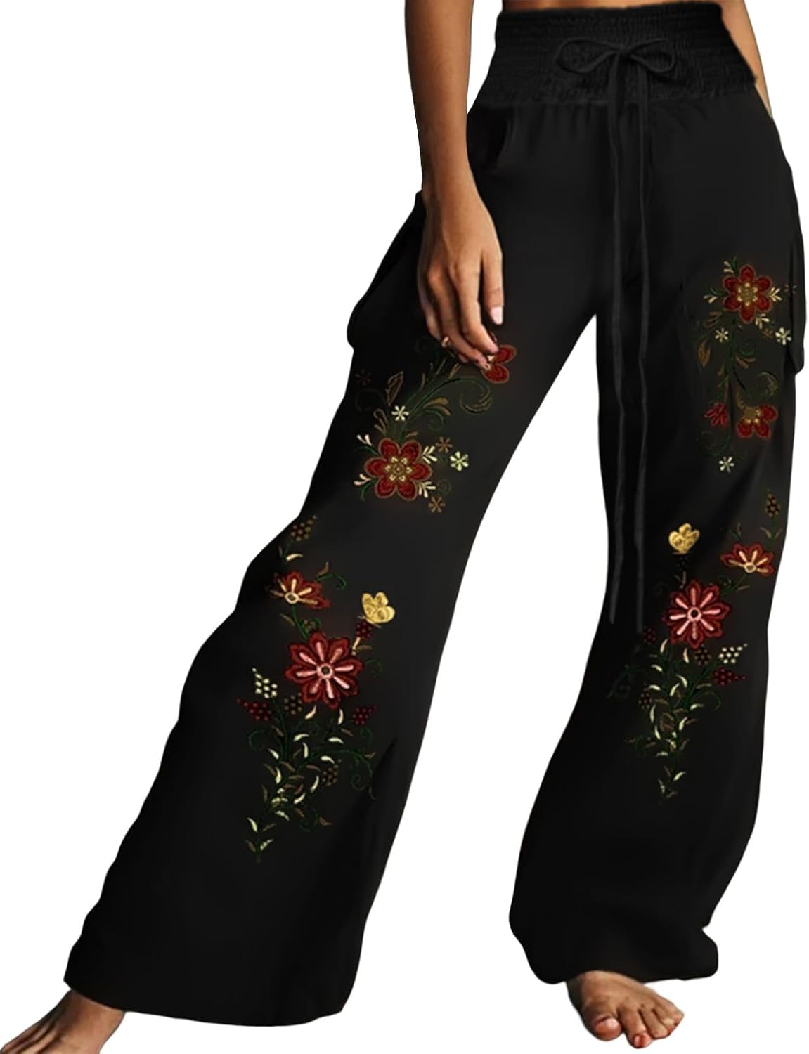Women Palazzo Pants High Waist Plus Size Wide Leg Summer Fall Boho Travel Lounge Pant Drawstring Print Beach Outfit