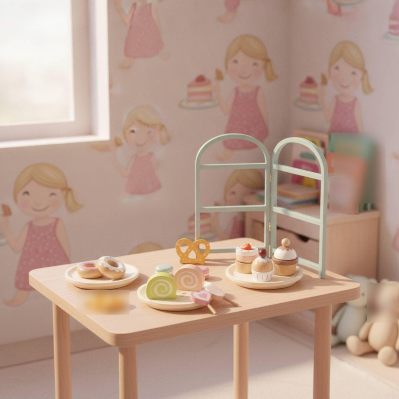 Set da Tè Giocattolo con Dolci in Legno Gioco D'imitazione a Misura di Bambino per Cameretta