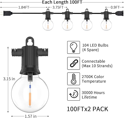 Miniatura 17 de ZOTOYI Tira de luces para exteriores de 50 pies, luces LED para patio con 27 bombillas G40 de plástico (2 de repuesto), impermeable, IP65 Edison