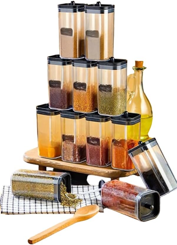 12 pieces Jar Set Food And Spices Storage Container, Food Storage, Box, Jars with Lids, Home, Kitchen, Tea, Sugar, Salt, 12 pieces/ 350 ml (Black/Clear) With Spoon