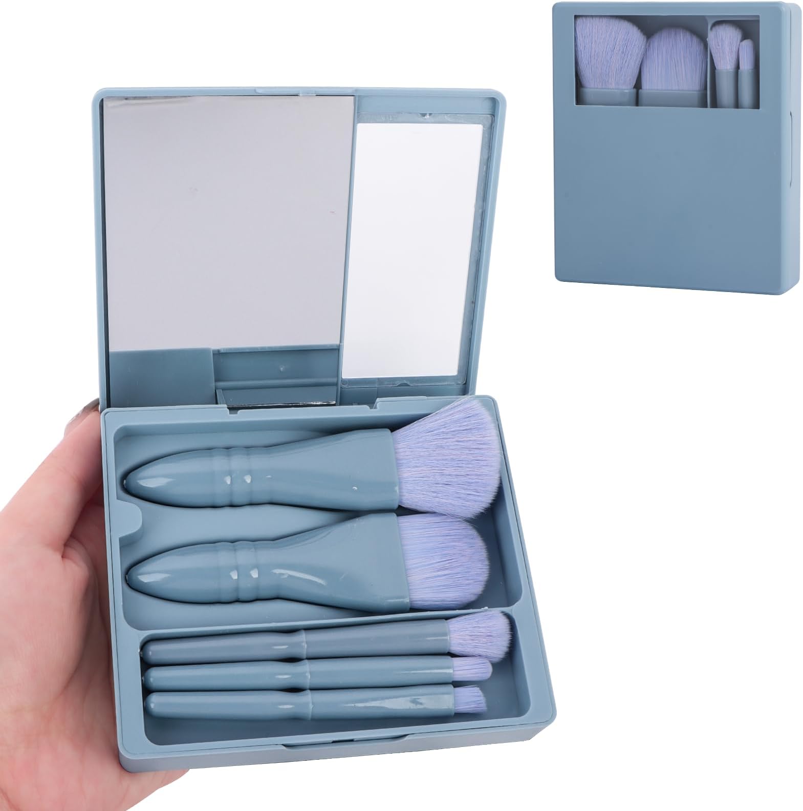Mini Travel Makeup Brushes Set, Mini Set with Hard Case and Integrated Mirror, 5Pcs Small Cosmetic Brushes, Makeup Brushes in Travel Size Essentials for Women Girls