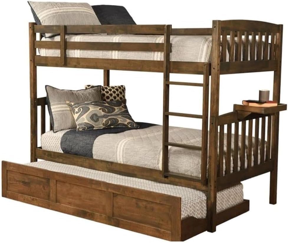 Kodiak Furniture Claire Wood Twin Over Twin Bunk Bed with Trundle/Tray in Rustic Walnut Brown Finish - Mattresses Not Included