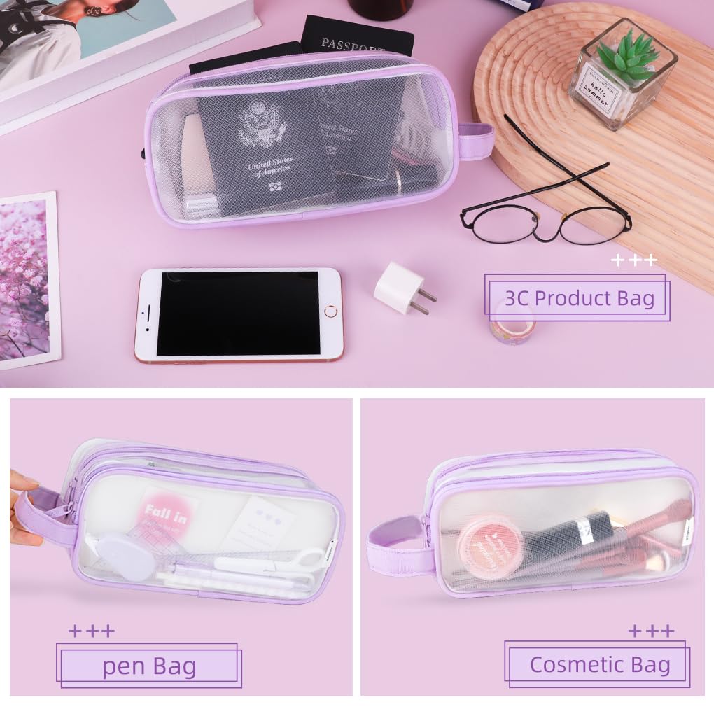 Oyachic 2 Compartment Pencil Case Clear Mesh Pen Pouch Grid Makeup Cosmetics Bag Transparent Marker Organizer Office Business Travel Adults (Purple) - Image 2