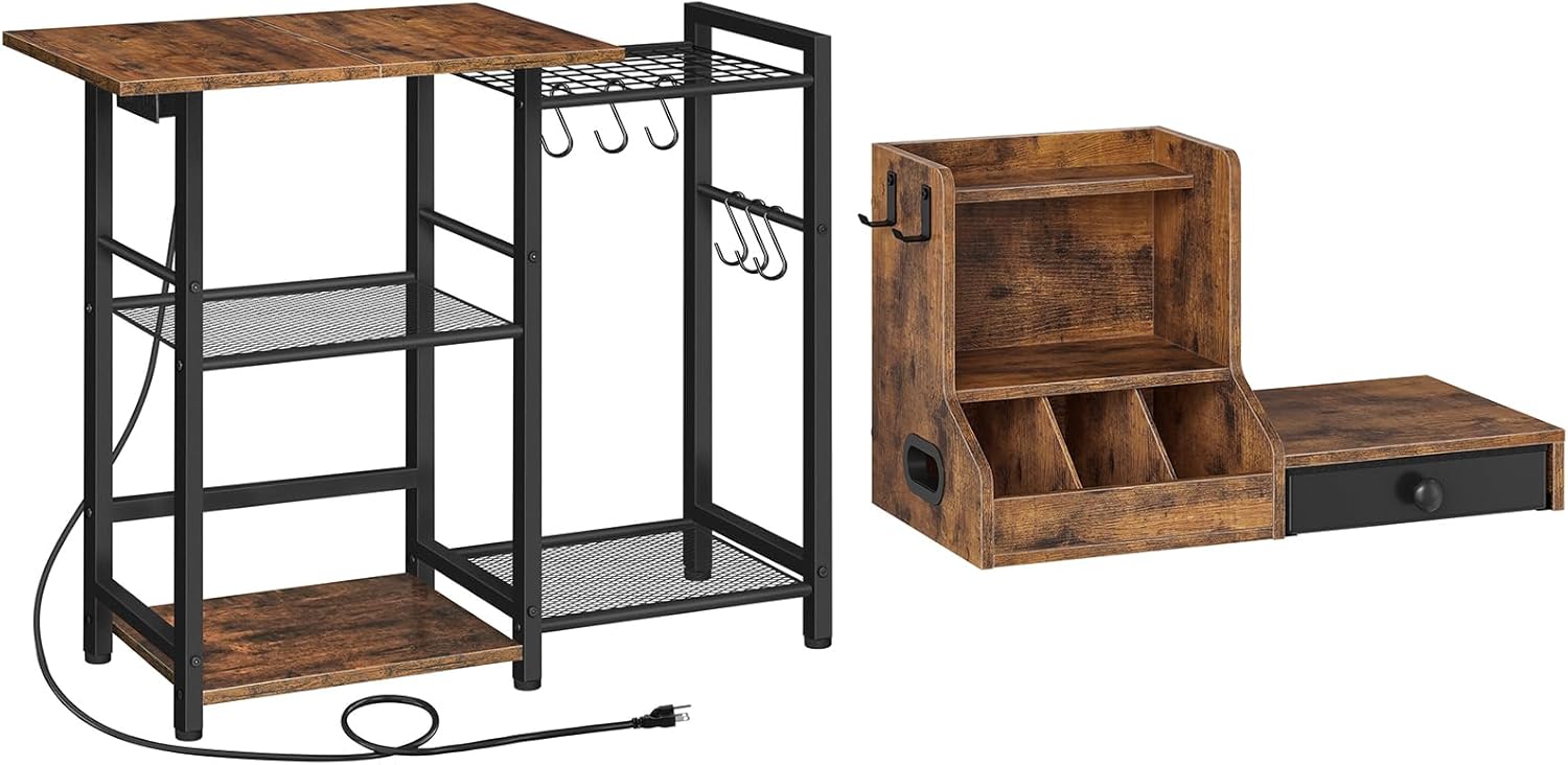 HOOBRO Bakers Rack and Coffee Mug Tree Bundle, Kitchen Utility Storage Shelf for Spices, 3 Tier Mug Stand Rack for Countertop, Holds Syrup, Tea Bags, BF15UHB01G1-BF05CR01