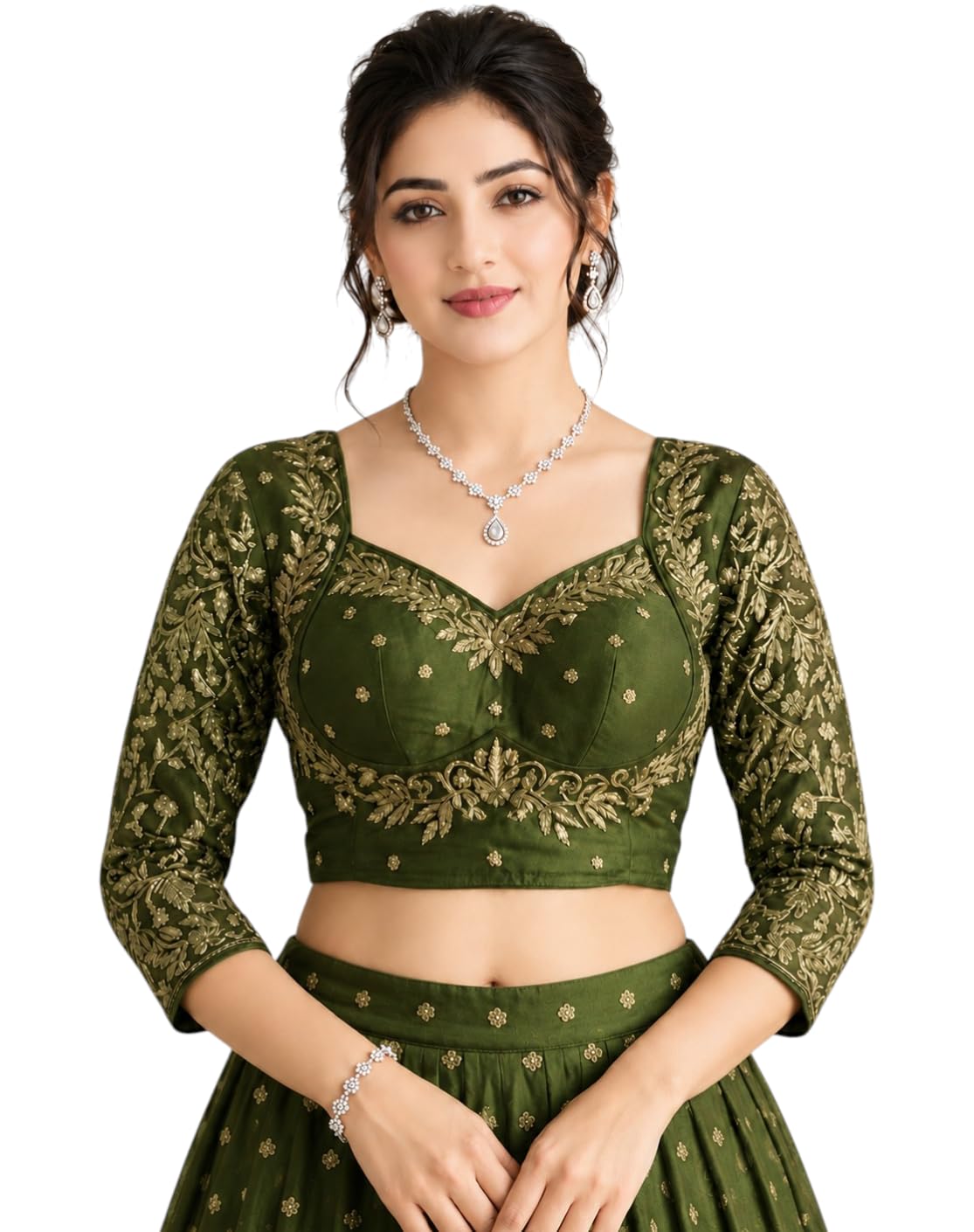 Size 38 Embroidered Silk Blend Blouse for Women, Ethnic V-Neck Loge Sleeve Stylish Top, Traditional Indian Festival, Lightweight Cotton Blend | Ready Size 38-image-49