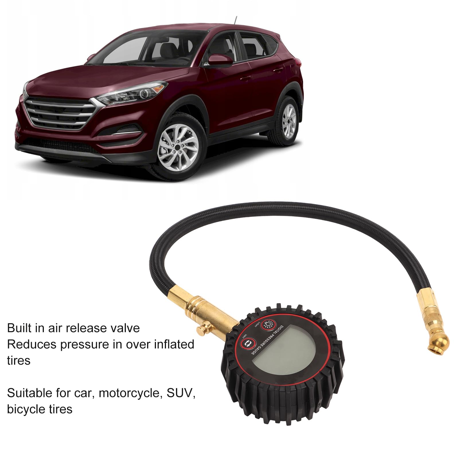 Manomètre Numérique de Pression de Pneu, Outil Pneumatique de Gonfleur de Pneu Robuste de 0 à 200 PSI Avec Tuyau Flexible et écran LCD Rétroéclairé pour Voiture, Camion, SUV, Moto