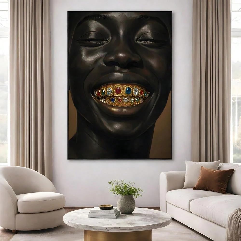 TZKBDMA Golden Grillz Crown Afrocentric Fashion Canvas Poster Boho African Woman Wall Art Prints for Living Room(70x90cm/Without frame)