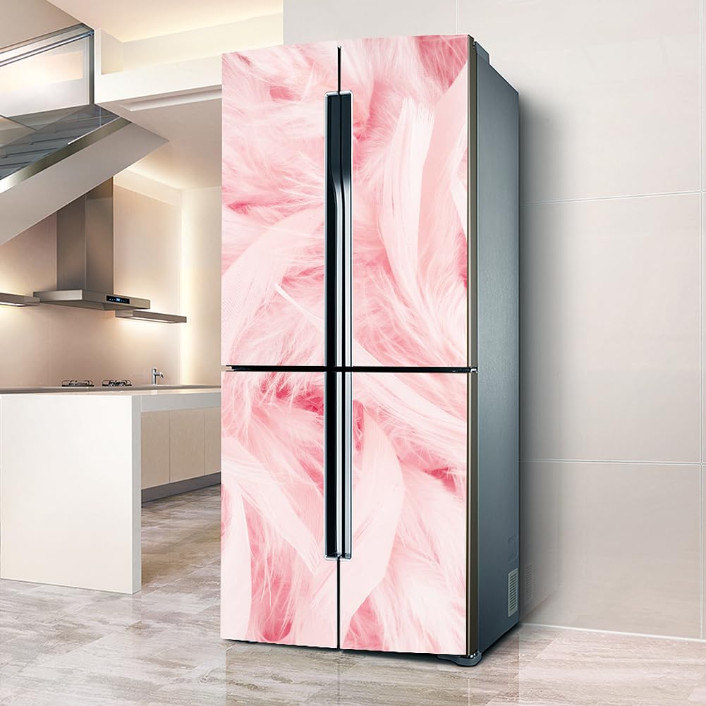 VHcgCGJ Fridge magnet, Full Covering Door Fridge Covers Skins Wall Stickers for Kitchen Decal, Soft Pink Feathers(L: 100x180 cm)