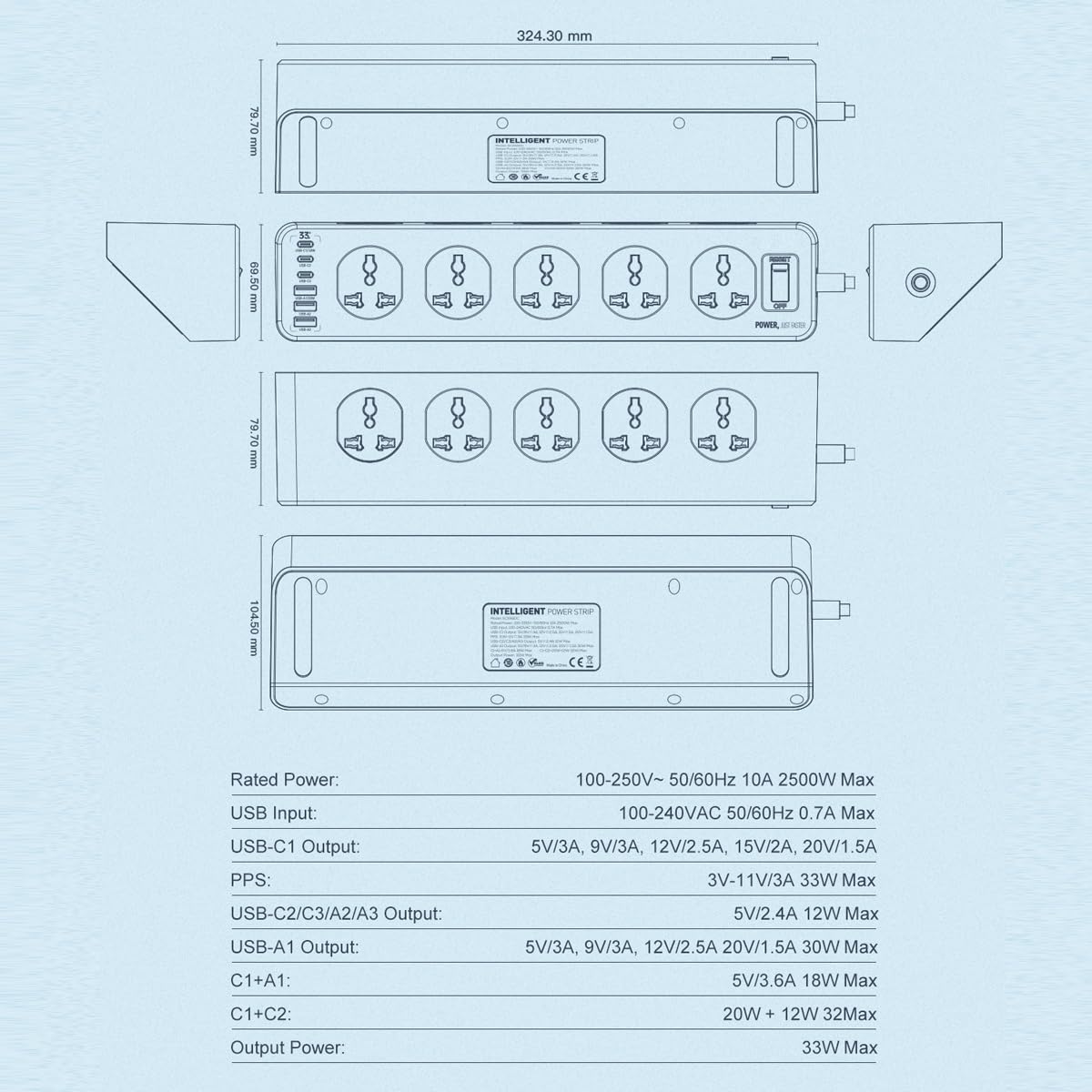 VANENIK Extension Lead with USB C Slot 3M - 10 Way Universal Power Strip with Surge Protector - 10 Gang Extension Socket with 6 USB MAX 32W Fast Charger, Support QC3.0 + PD20W Extension Cord 3 Meter