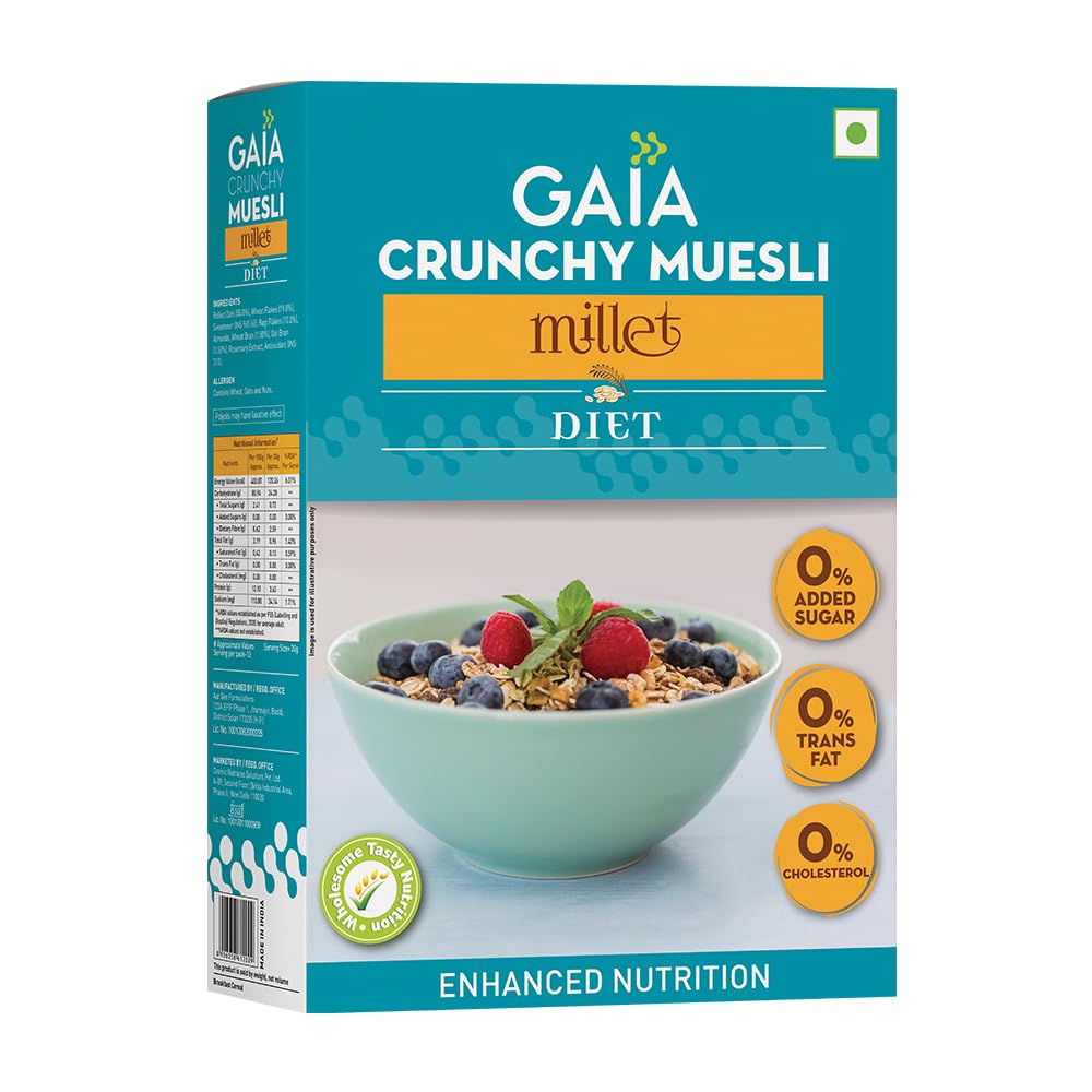 Gaia Crunchy Millet Muesli | High on Proteins | Low on Cholesterol | No Trans-Fat | Sugar Free | No Preservatives | Abundance of Antioxidants? Diet 400 Gm